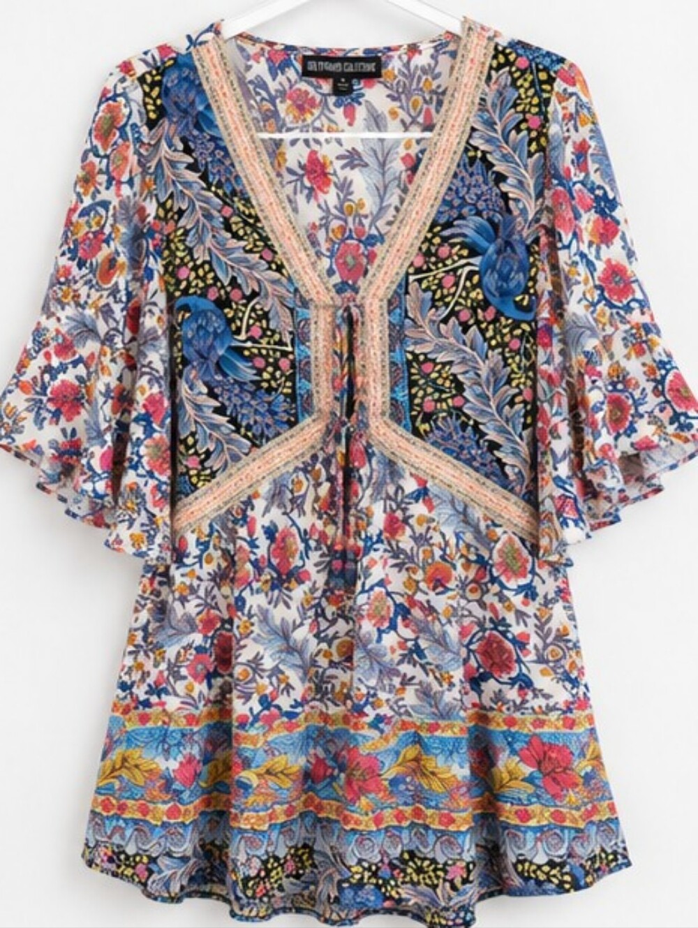 The Pyramid Collection Boho Floral Tunic Small Bell Sleeve Embroidered